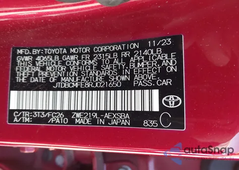 2024 Toyota Corolla Hybrid Se from USA, damaged, VIN JTDBCMFE8RJ021650
